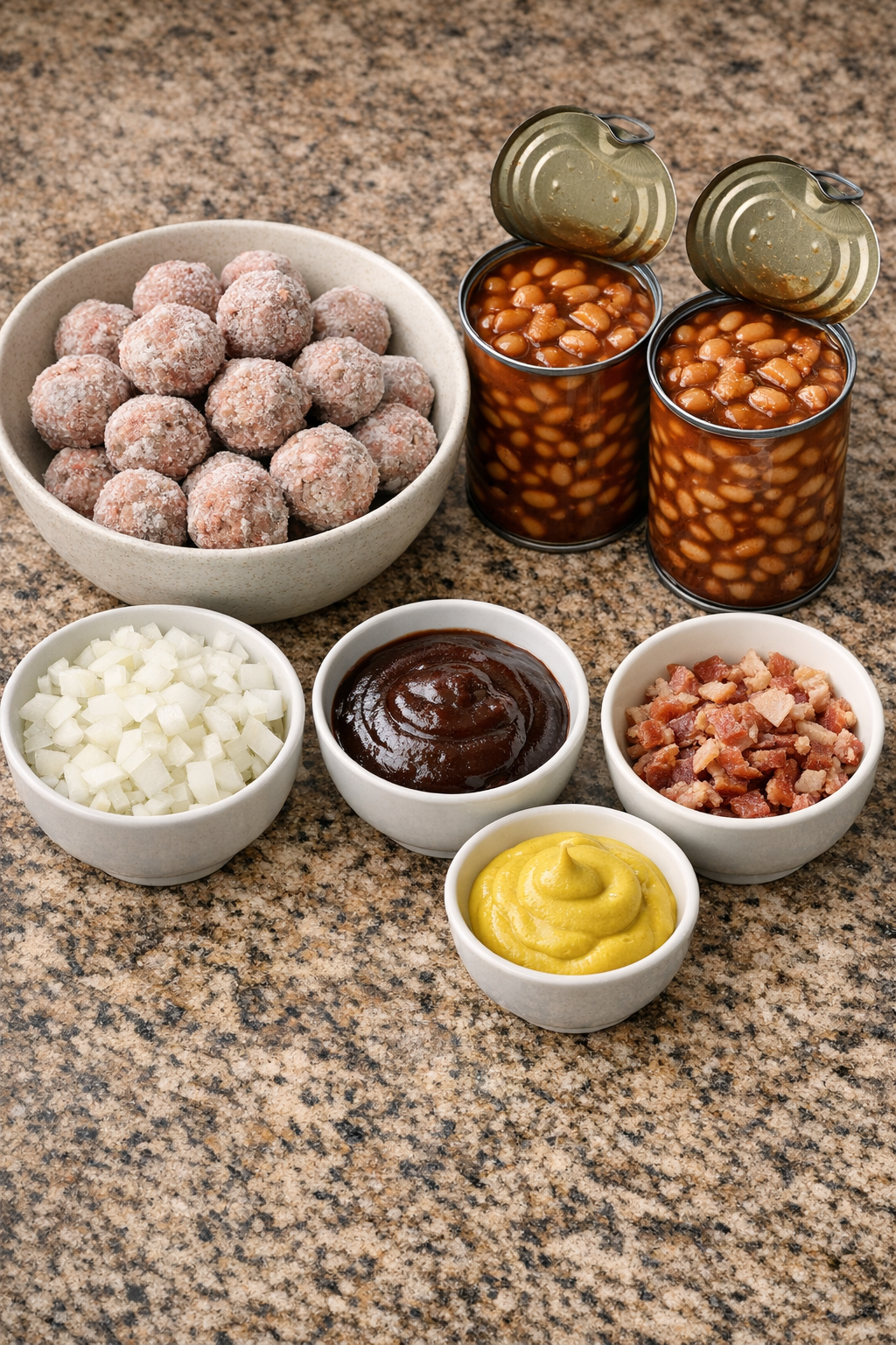 Main ingredients for campfire beans arranged on a counter