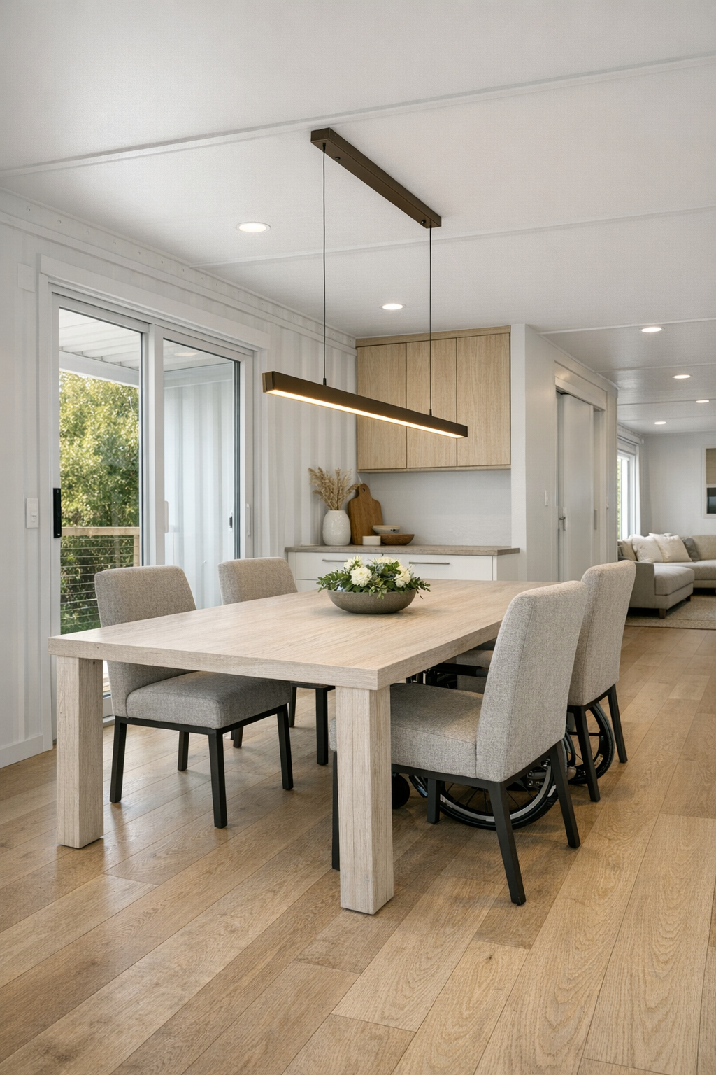 Bright dining room with whitewashed oak table and upholstered chairs