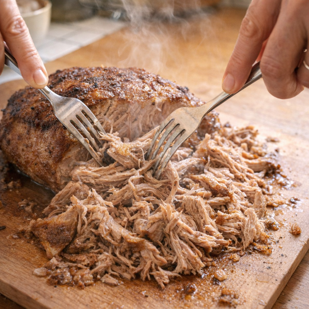 Tender pork roast being shredded with two forks