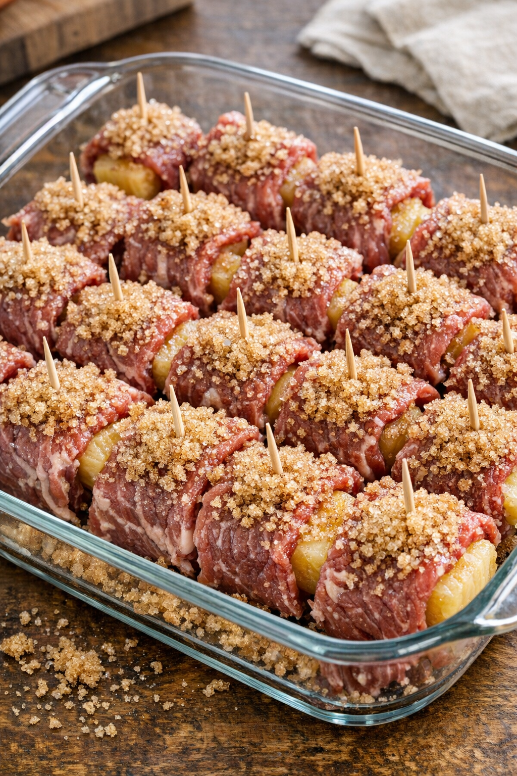 Brown sugar sprinkled over wrapped pineapple bites