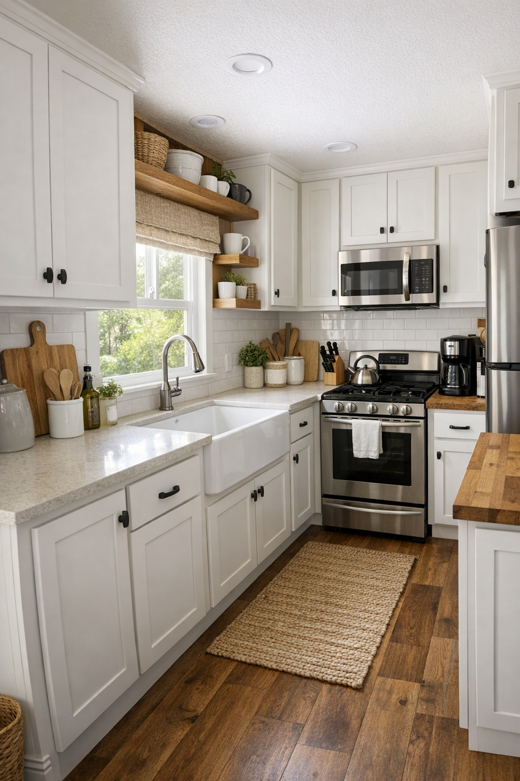 Compact cottage kitchen with shaker cabinets, light counters, and a bright window over the sink