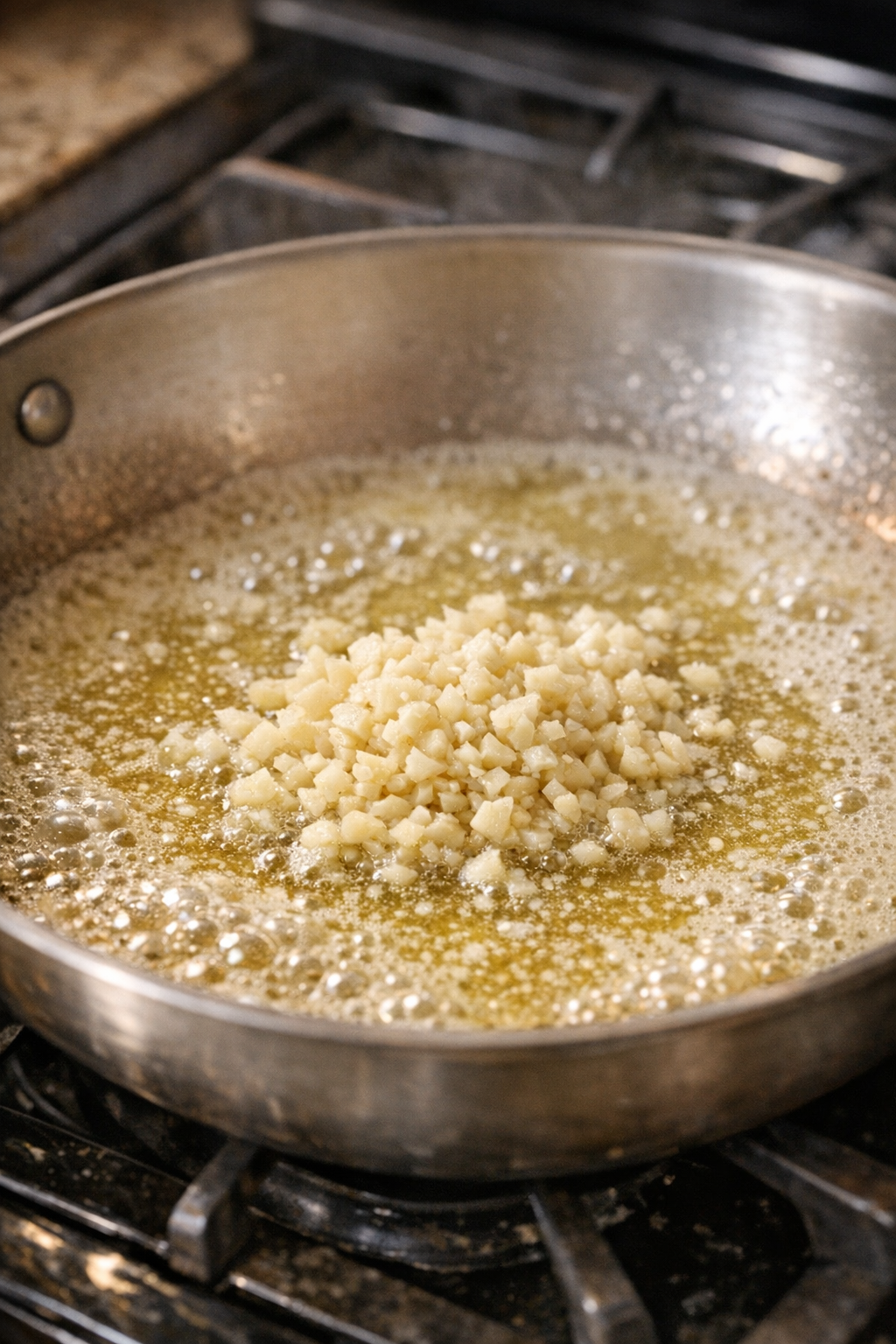 Garlic cooking in melted butter in a skillet
