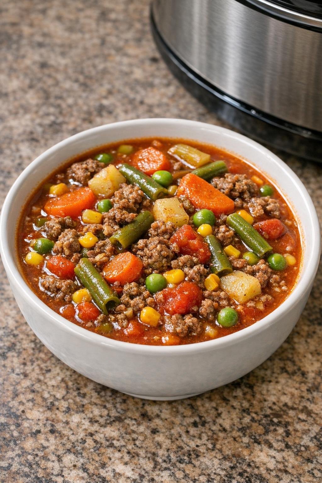 Finished vegetable beef stew in a bowl