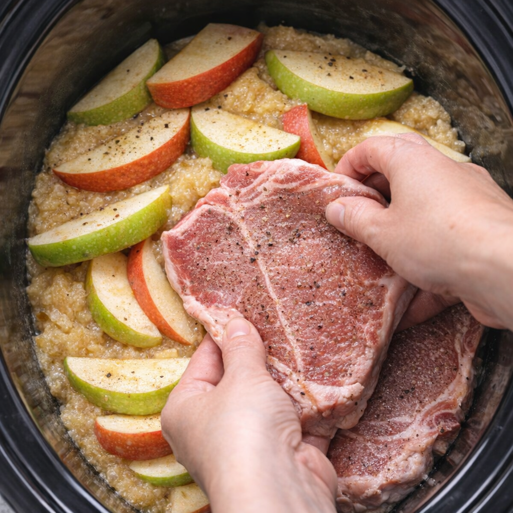 Seasoned pork chops being added over apples in a slow cooker