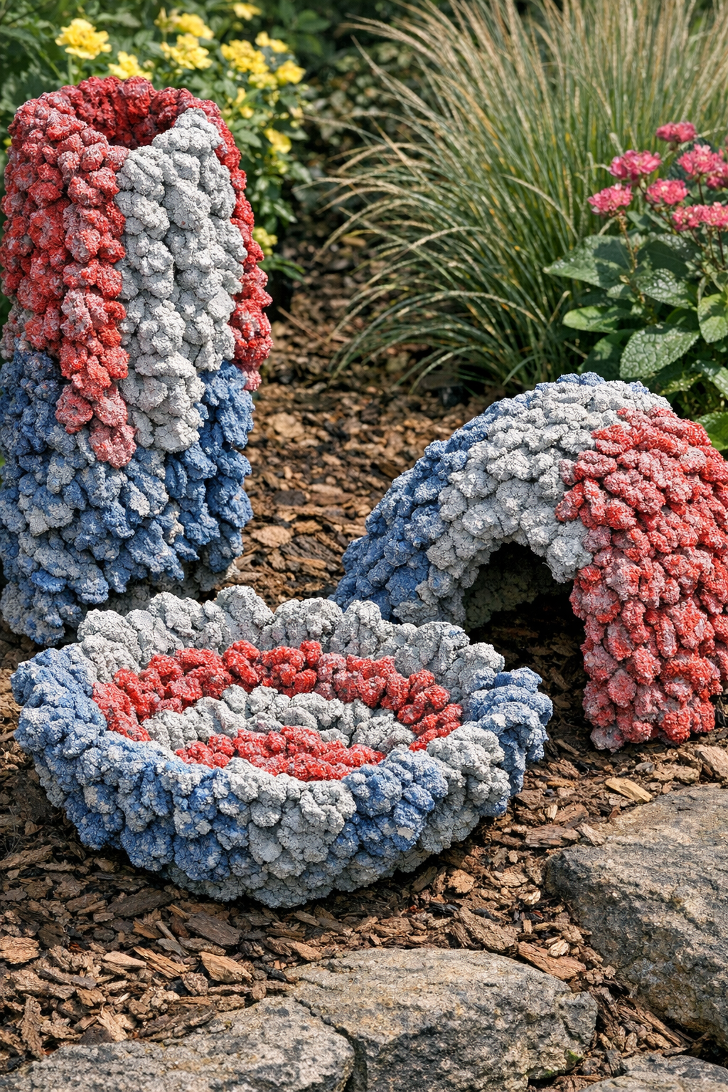 Finished cement yard forms made from flower leis displayed outdoors