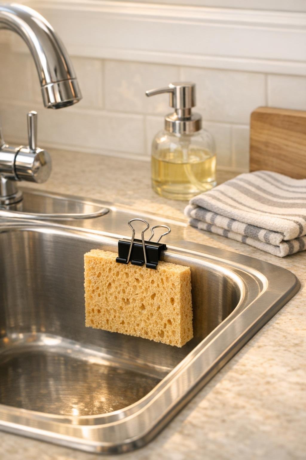 Finished DIY sponge holder using a binder clip inside a stainless sink