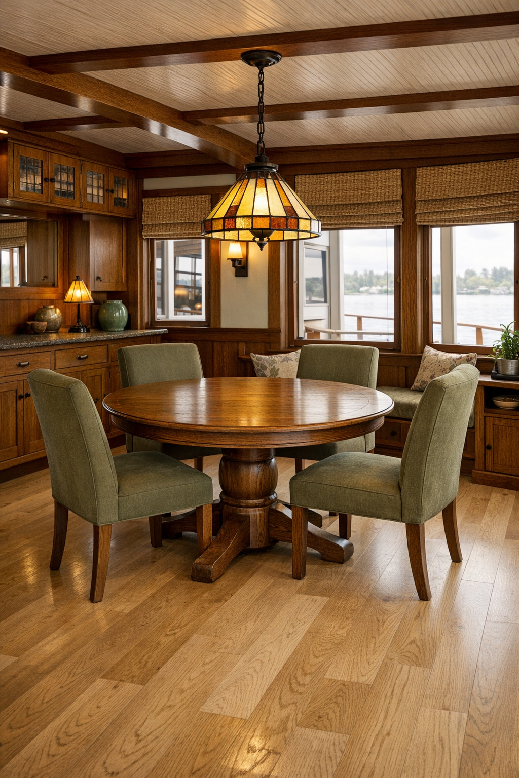 Round oak dining table in an accessible Craftsman dining space with built-in sideboard and warm pendant light