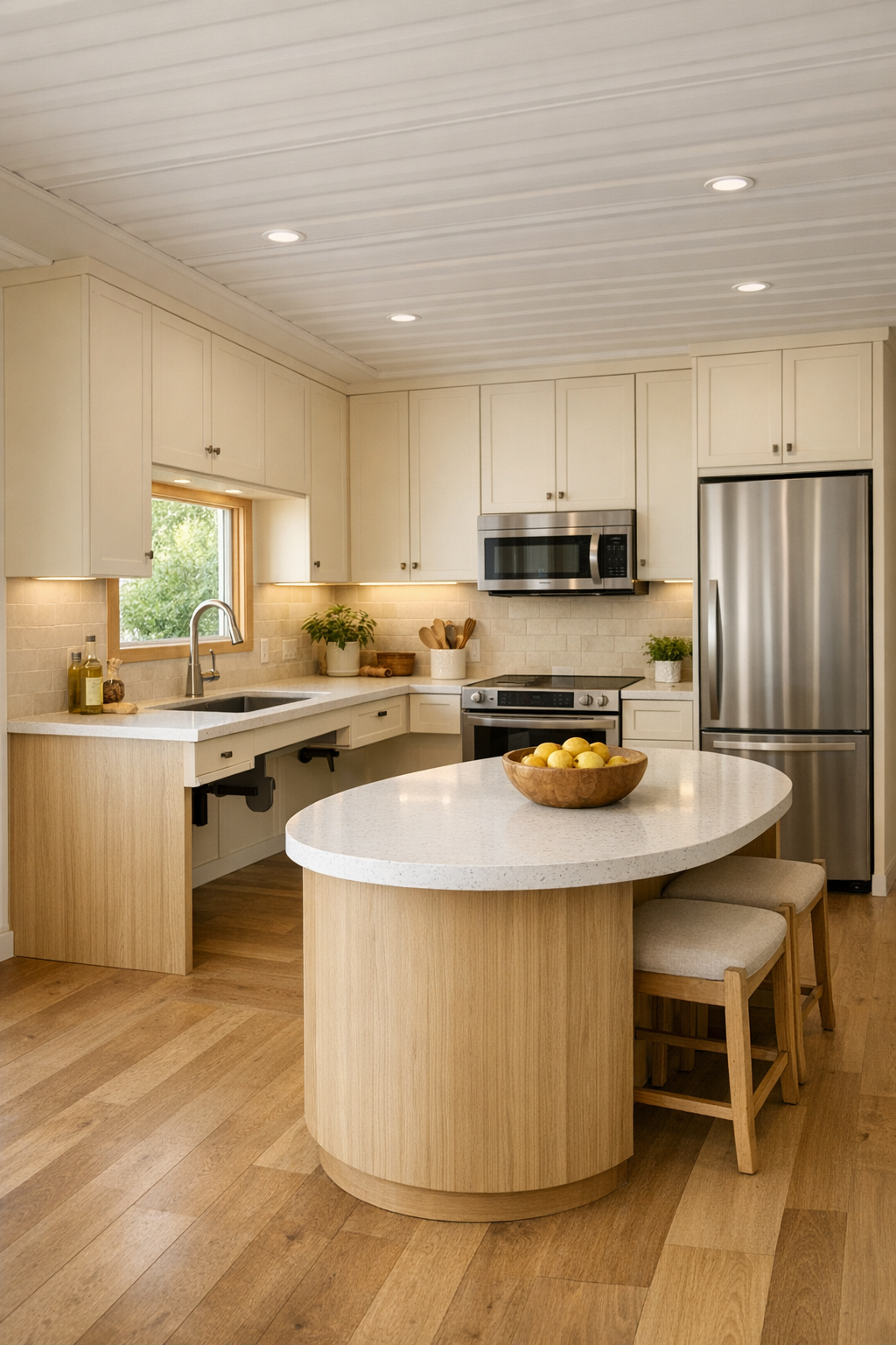 Accessible buttercream kitchen with a large island, quartz counters, and light wood cabinetry