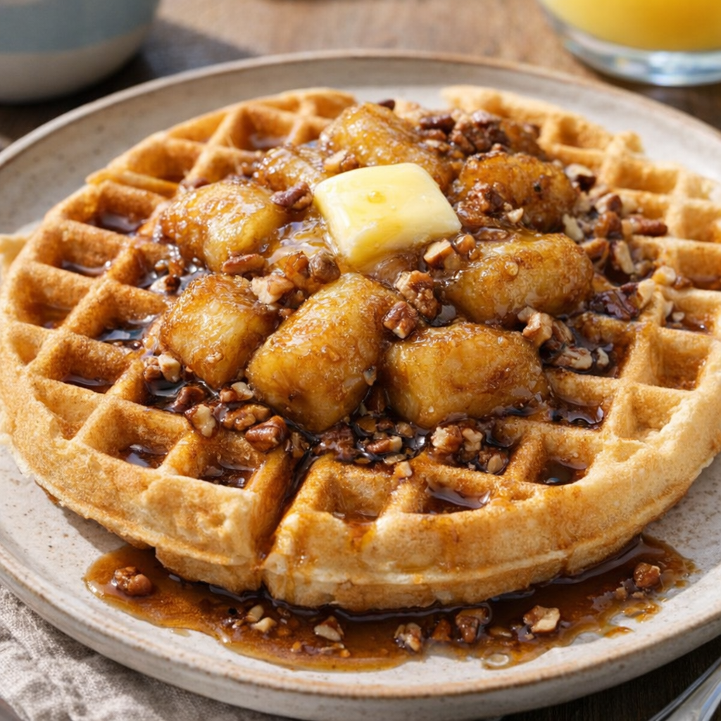 Bananas foster served over waffles with syrup and nuts
