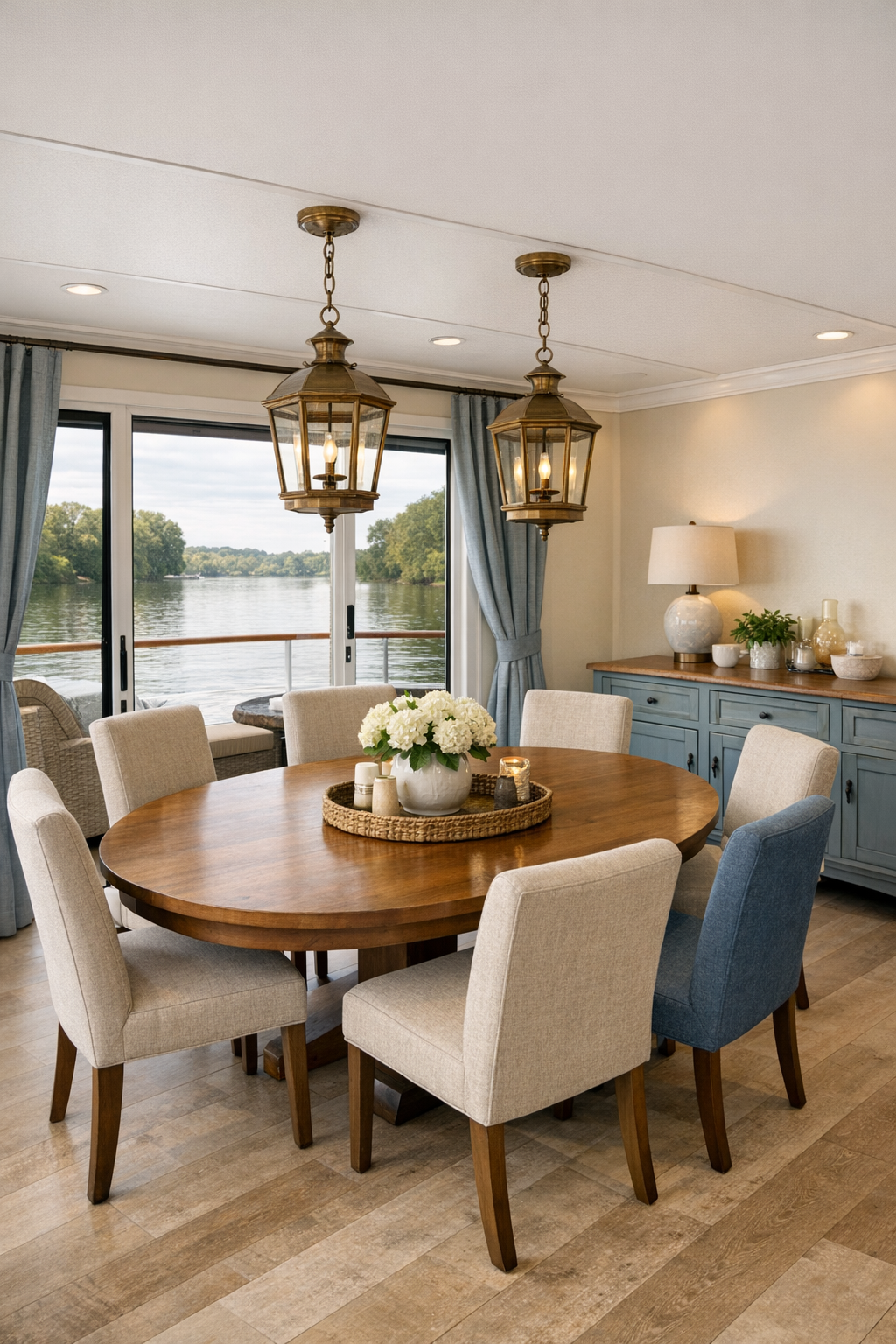Bright dining room with oval wood table, upholstered chairs, and brass lantern lighting