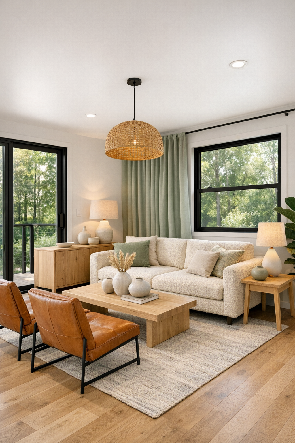Bright living room with sage accents, pale oak floors, cream sofa, and black-framed windows