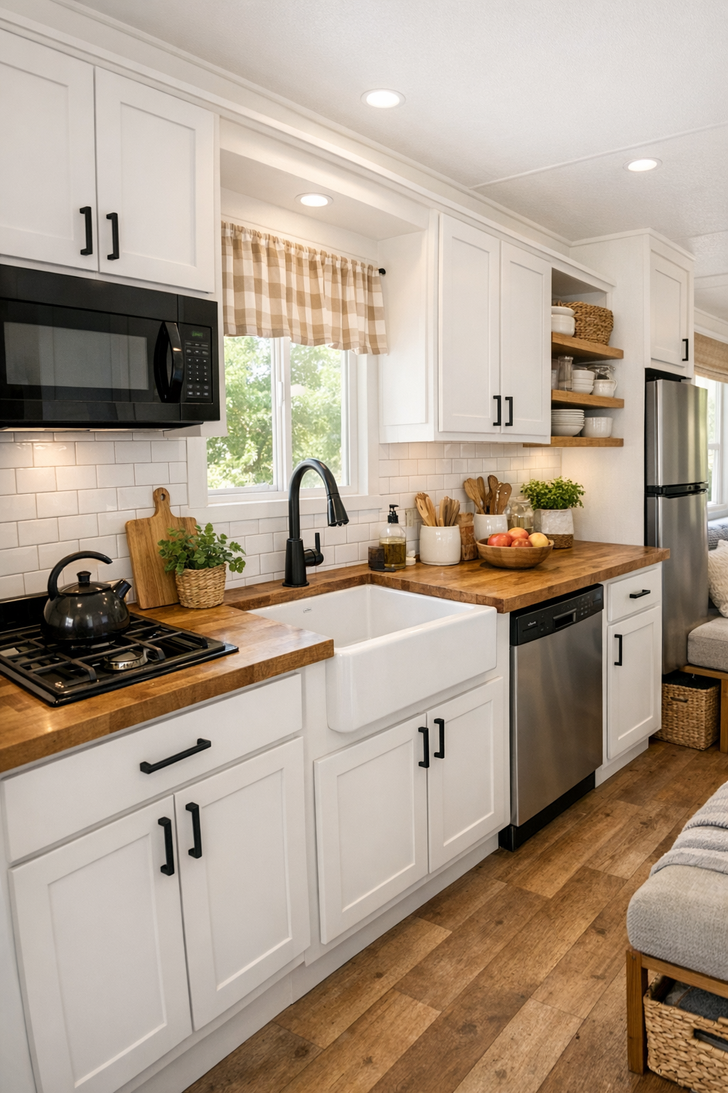 Small farmhouse kitchen with shaker cabinets, an apron-front sink, and butcher block counters