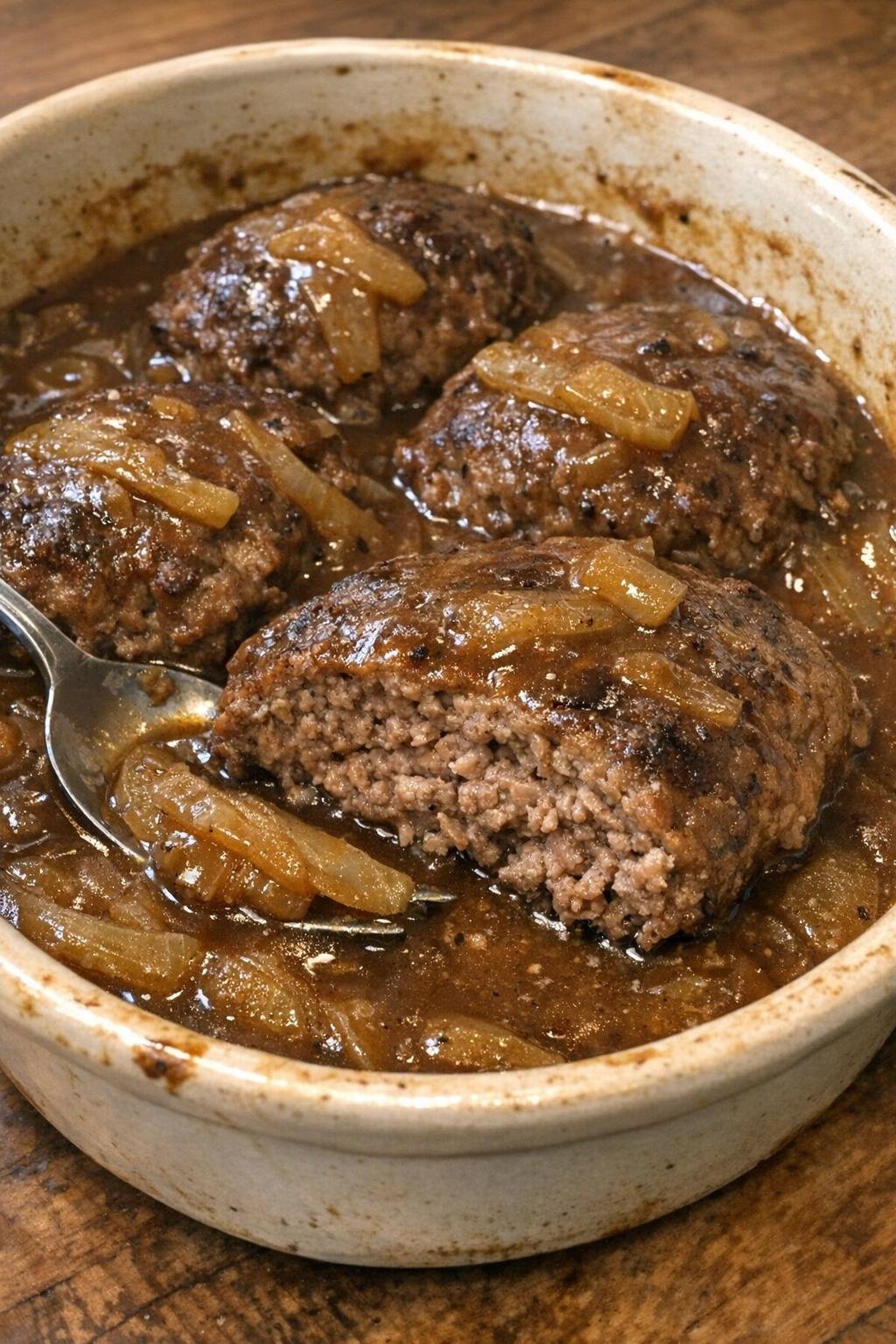 Hamburger steaks in brown onion gravy in a stoneware baking dish