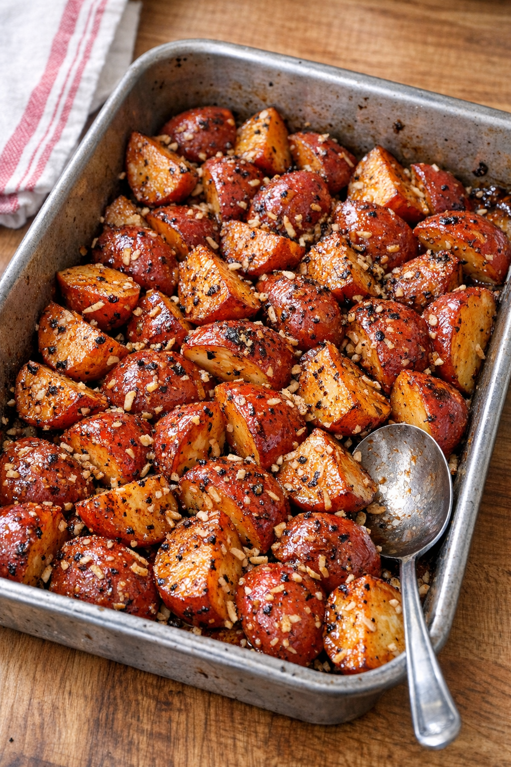 Finished Catalina roasted potatoes in a baking dish