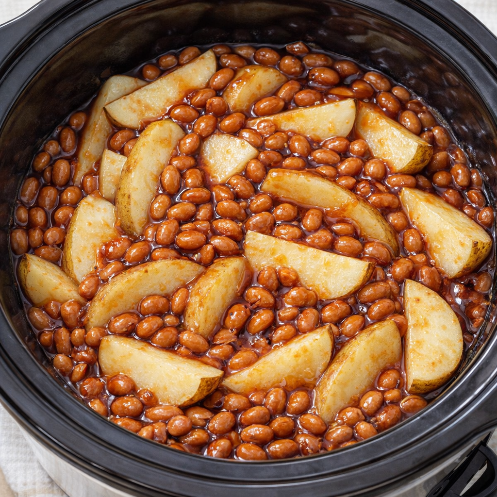 Bovenaanzicht van een ongekookte ovenschotel die in de slowcooker wordt bereid.