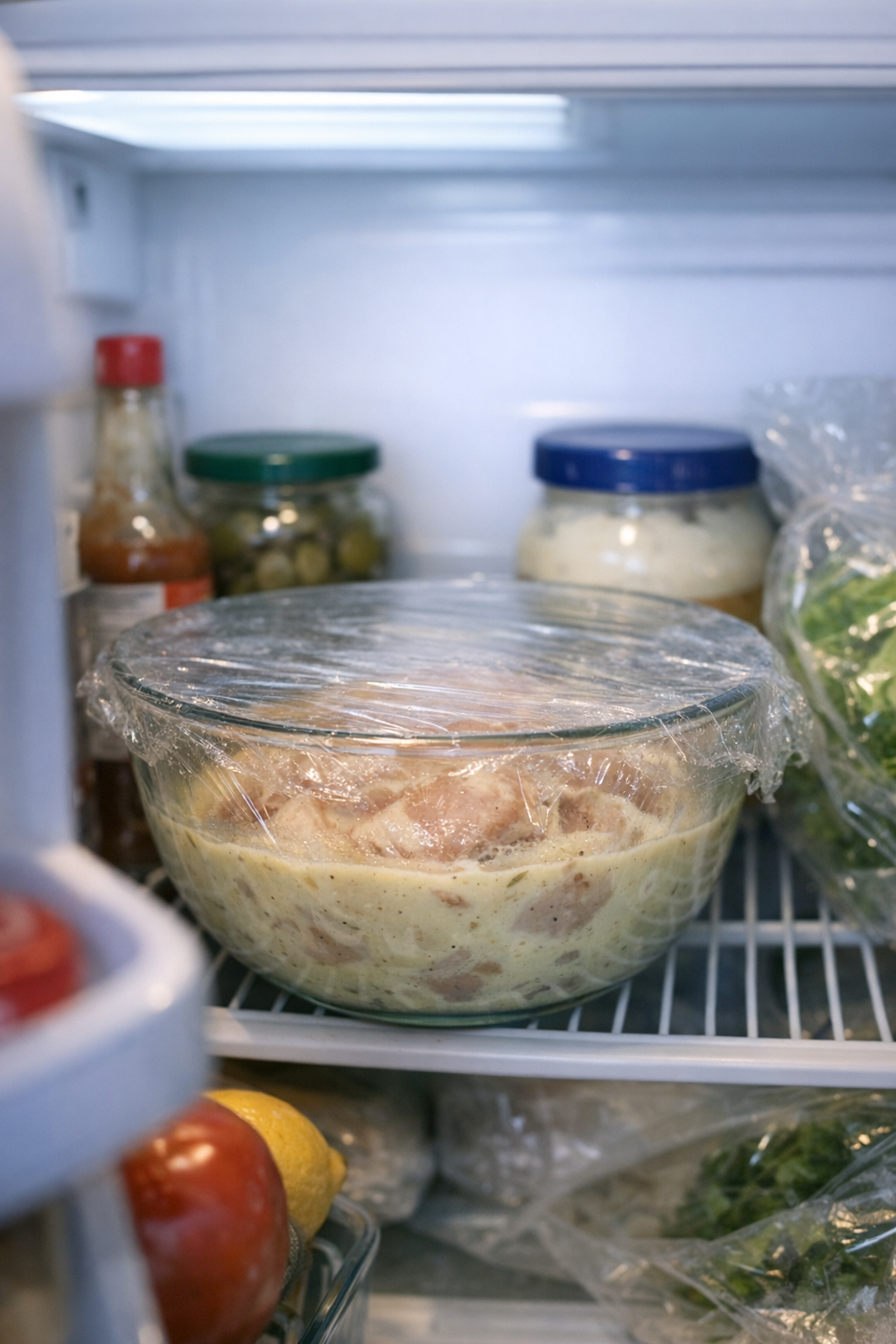 Home refrigerator shelf with covered bowl of marinating chicken
