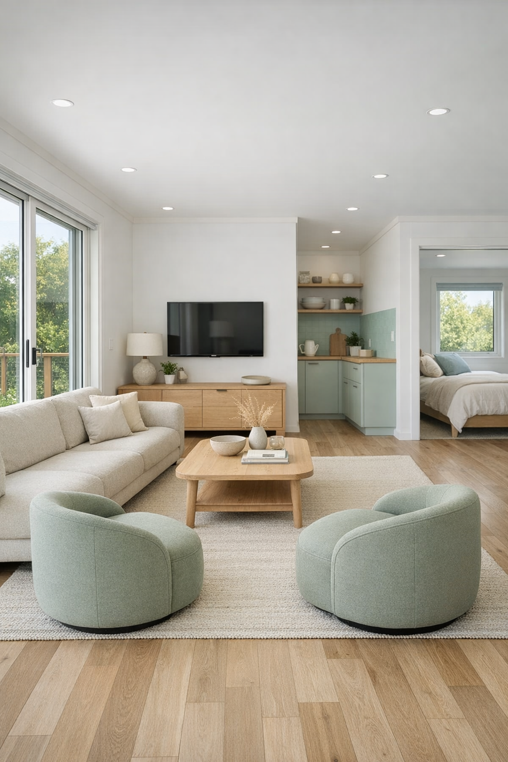 Accessible living room with pale mint accents, oak furniture, and wide open circulation