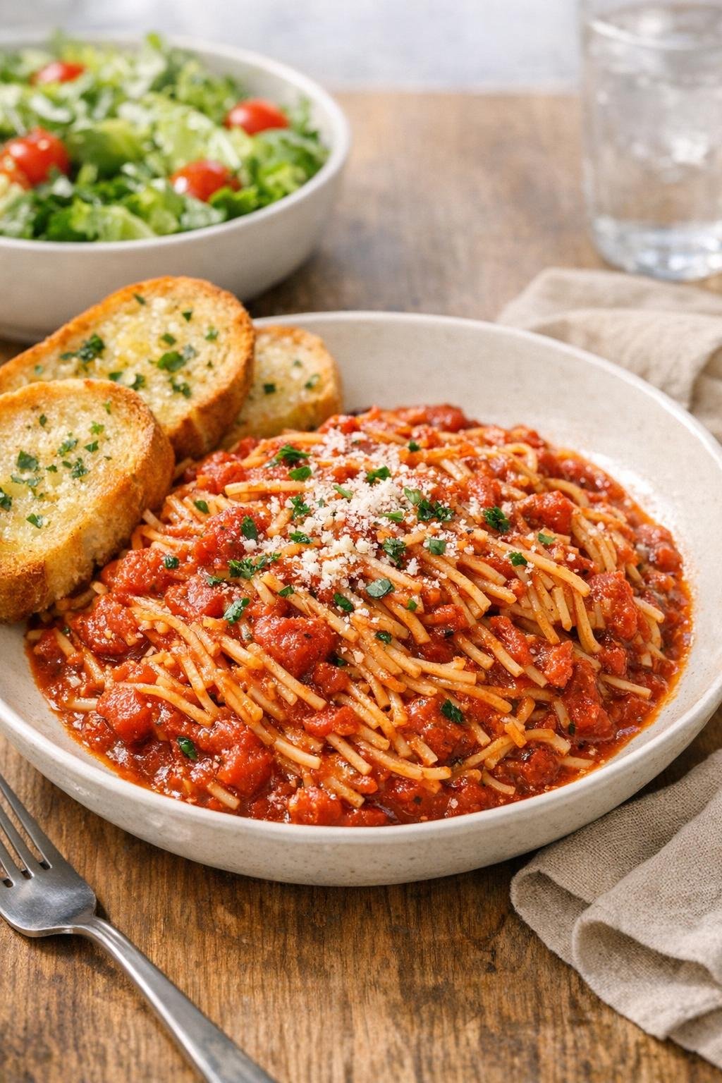 Plated slow cooker capellini with simple sides