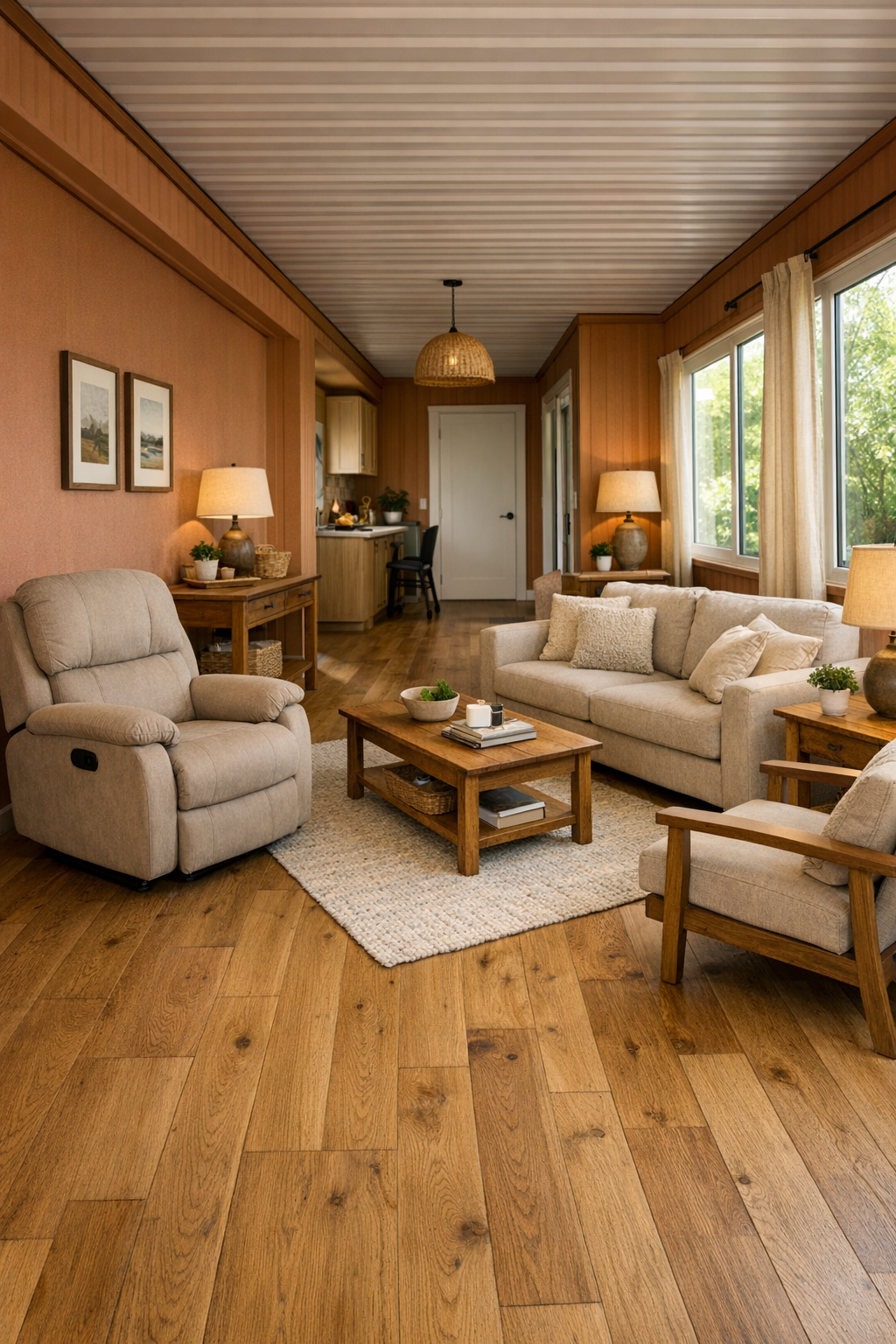 Warm accessible living room with terracotta accents, oak flooring, and wide clear pathways