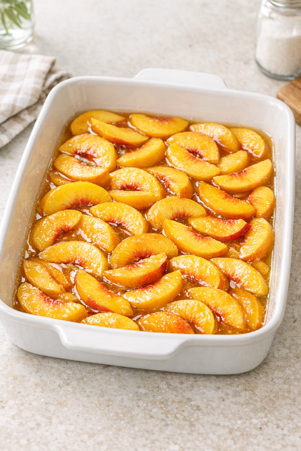 Peaches spread in a baking dish
