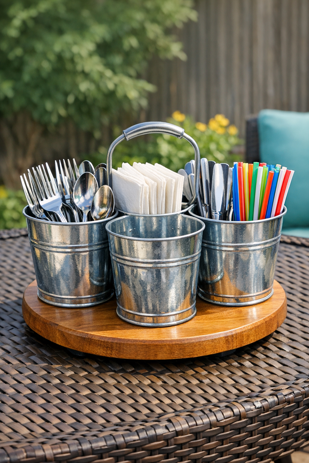 Finished galvanized bucket utensil caddy on a lazy Susan base for patio use