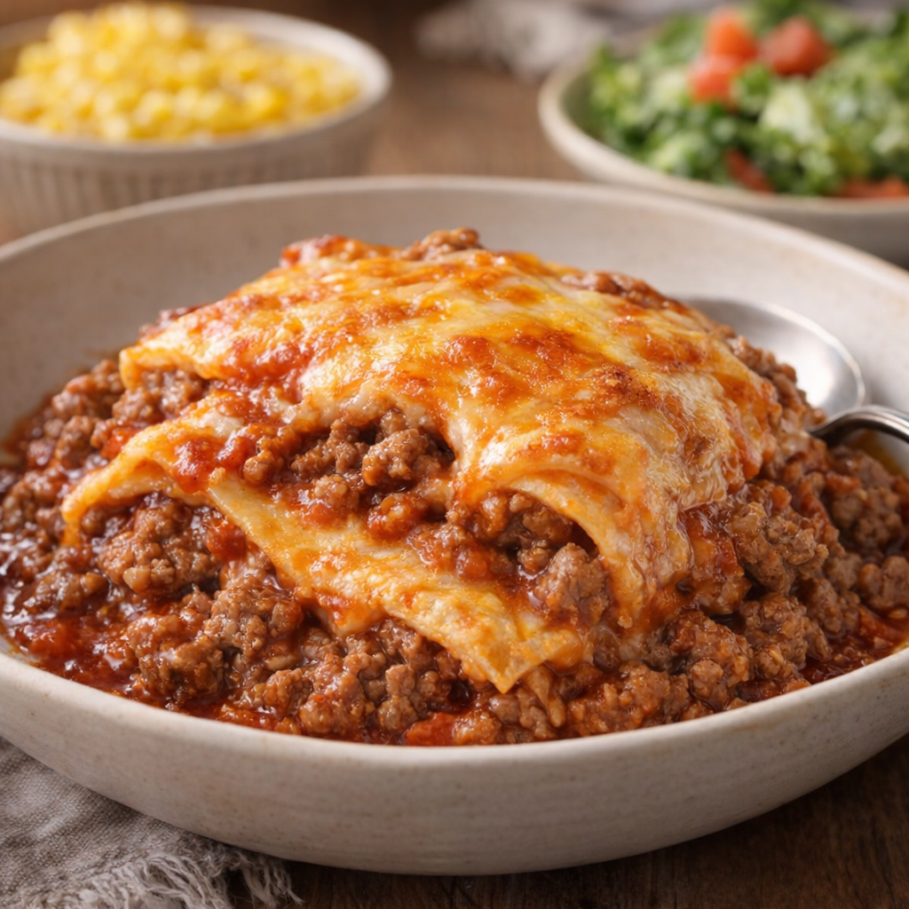 Served casserole portion in a shallow bowl with simple supper sides