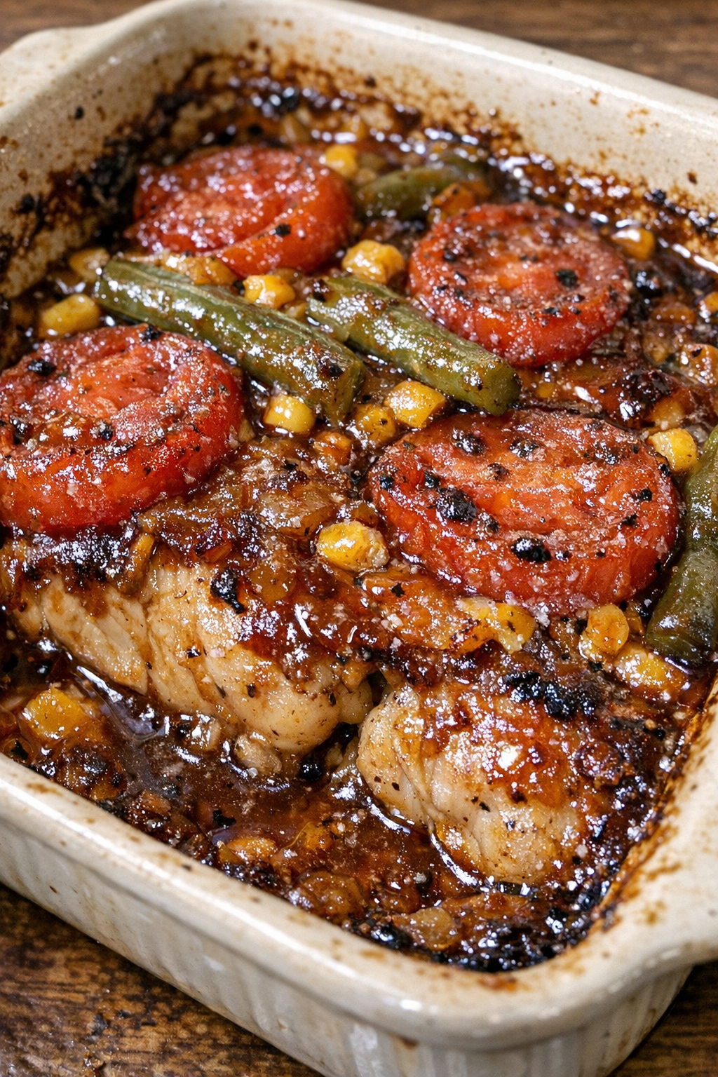 Baked vintage-style garden casserole in a ceramic dish