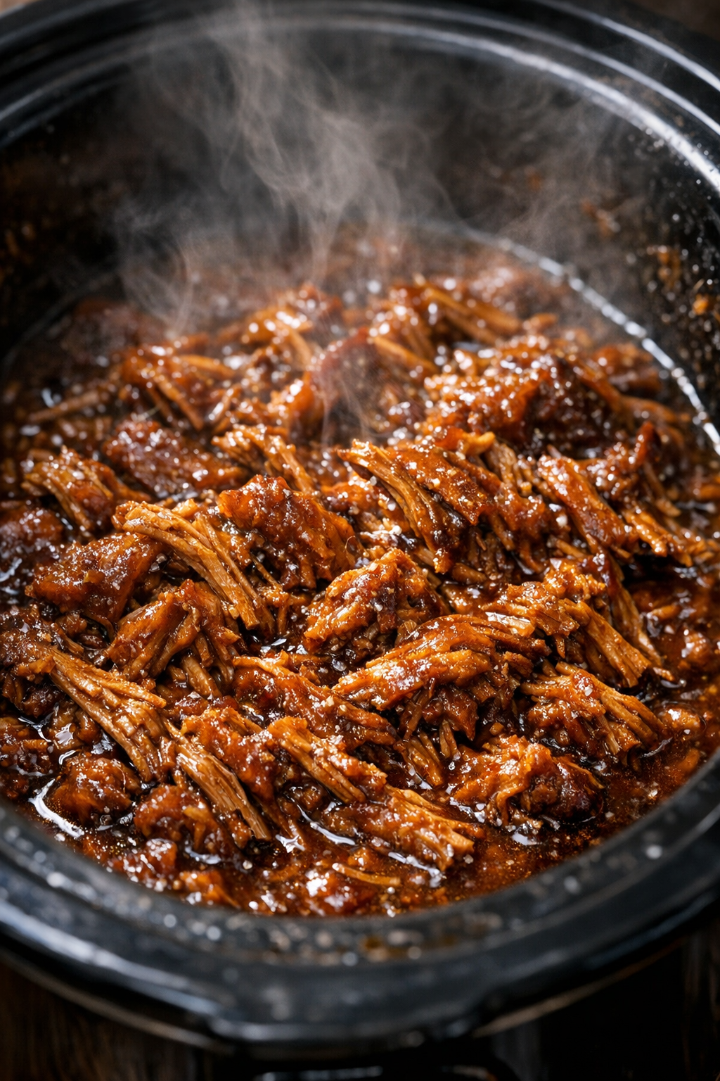 Slow cooker shredded dish in dark amber sauce