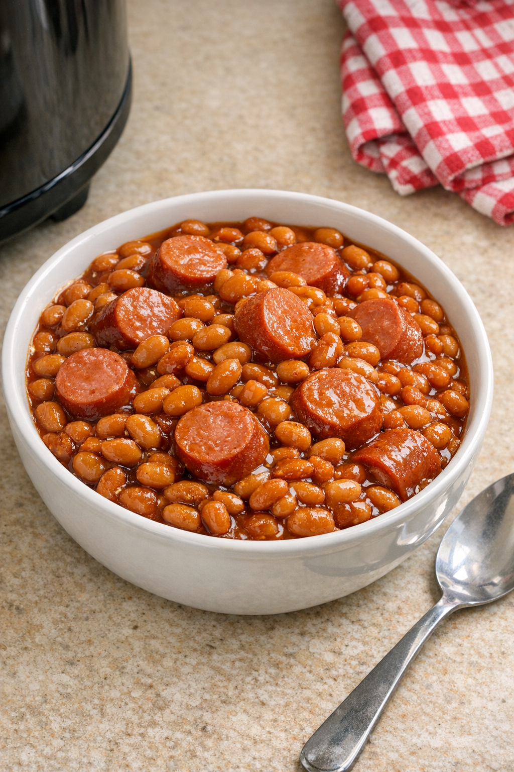 Finished poor man freedom beans with sliced beef hot dogs in a bowl