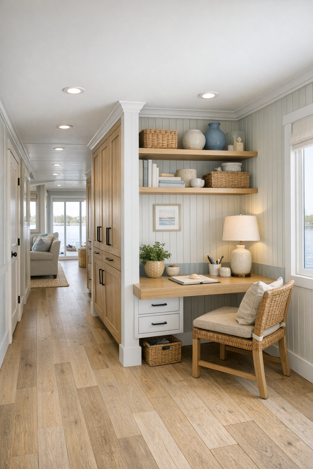 Wide hallway and office nook with built-in storage in a polished coastal houseboat interior