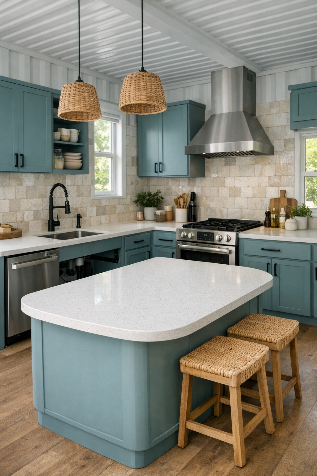 Accessible kitchen with dusty turquoise cabinets, white counters, and handmade-look tile backsplash