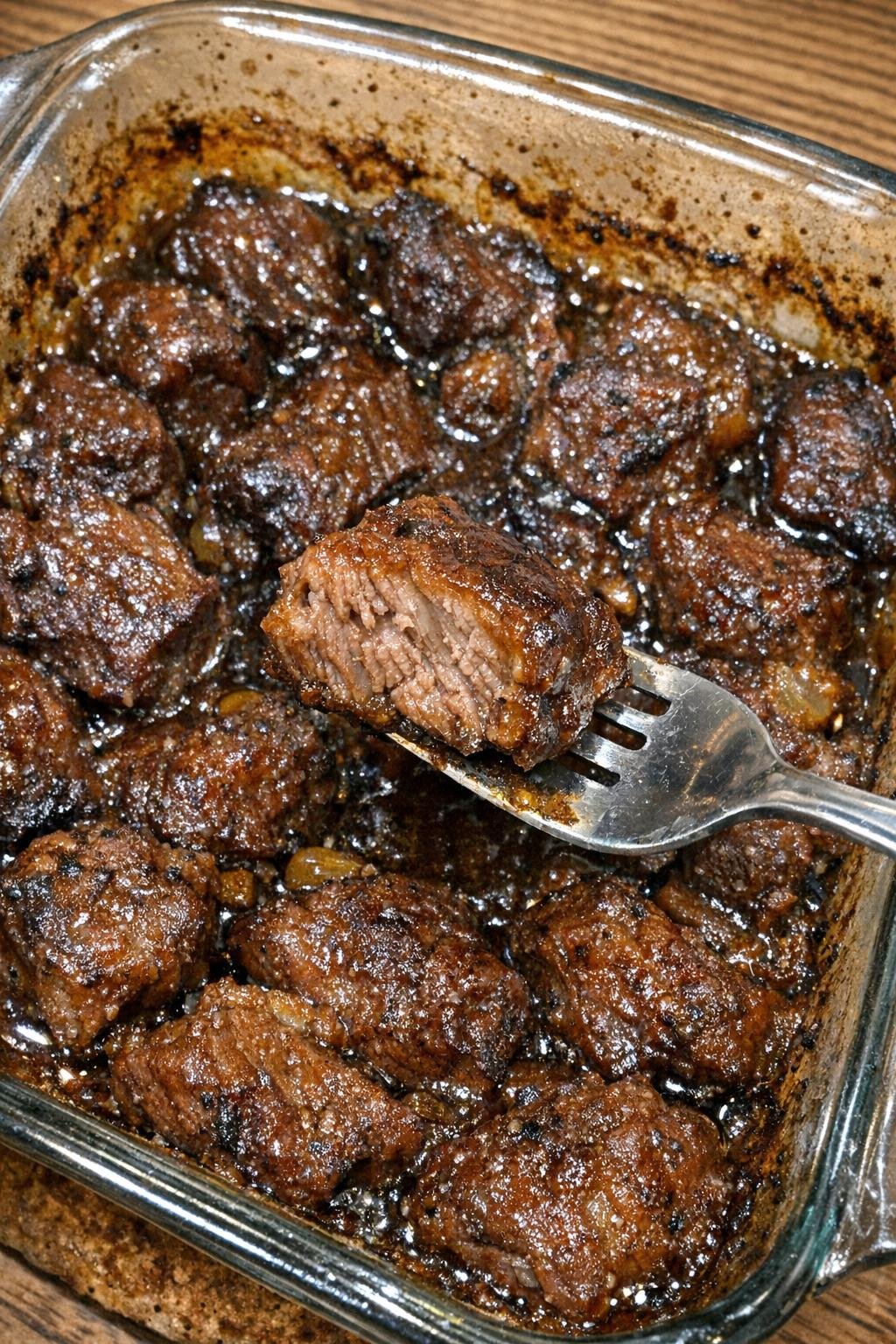 Finished baked beef stew meat in glass dish