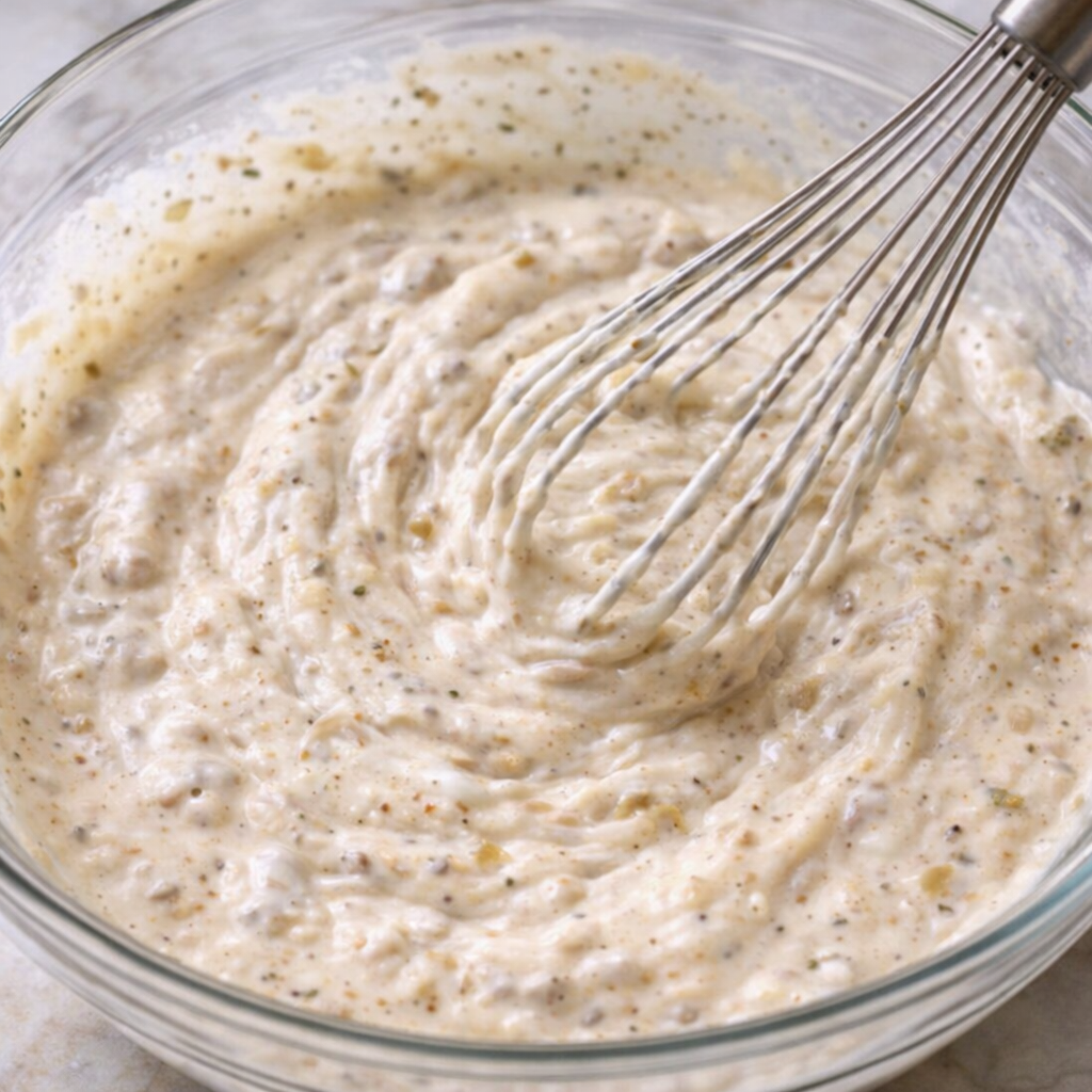 Creamy mushroom and sour cream sauce being whisked in a bowl