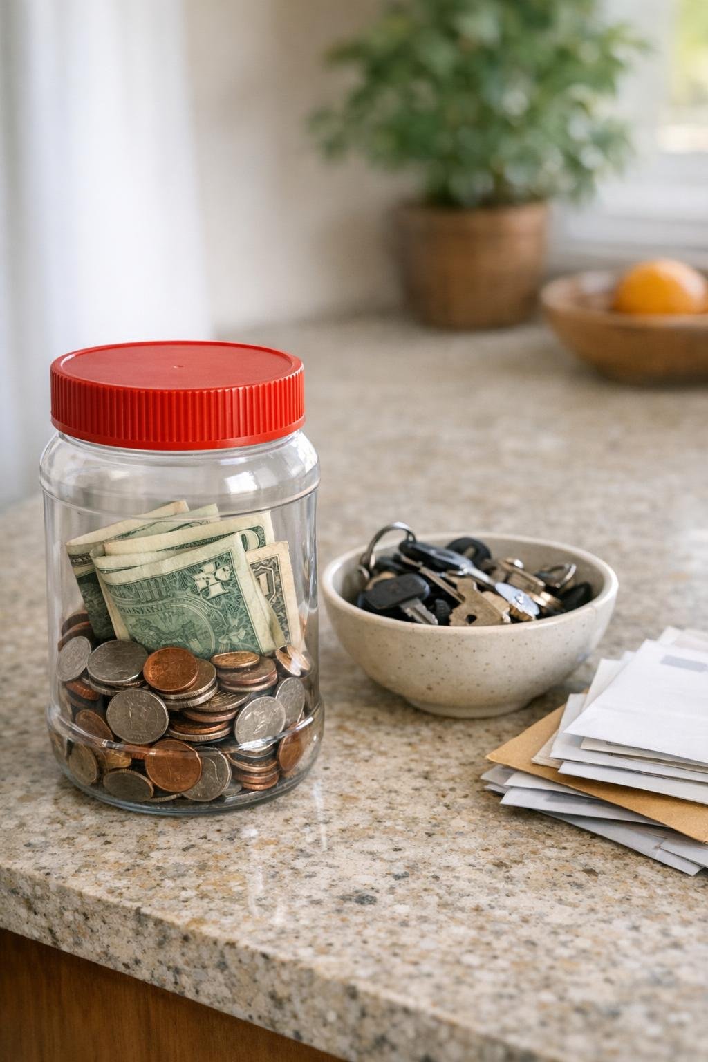 Plastic peanut butter jar used as a coin savings jar