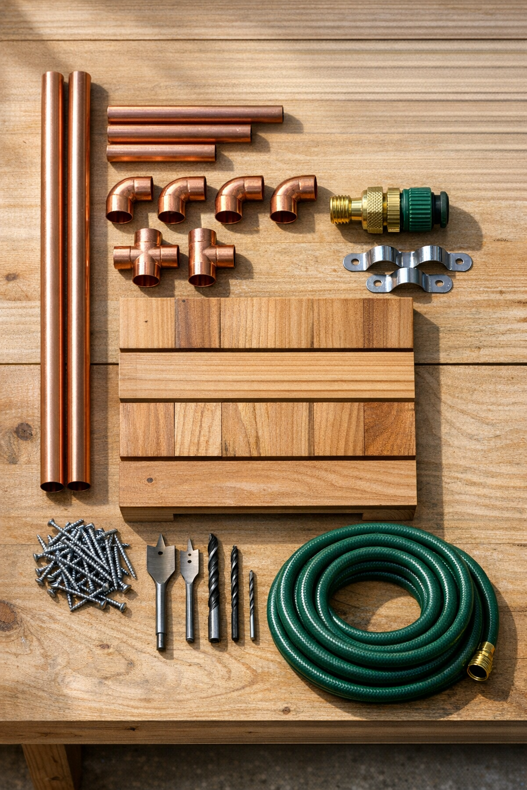 Copper pipe, fittings, hose adapter, base materials, and tools laid out for the foot shower project