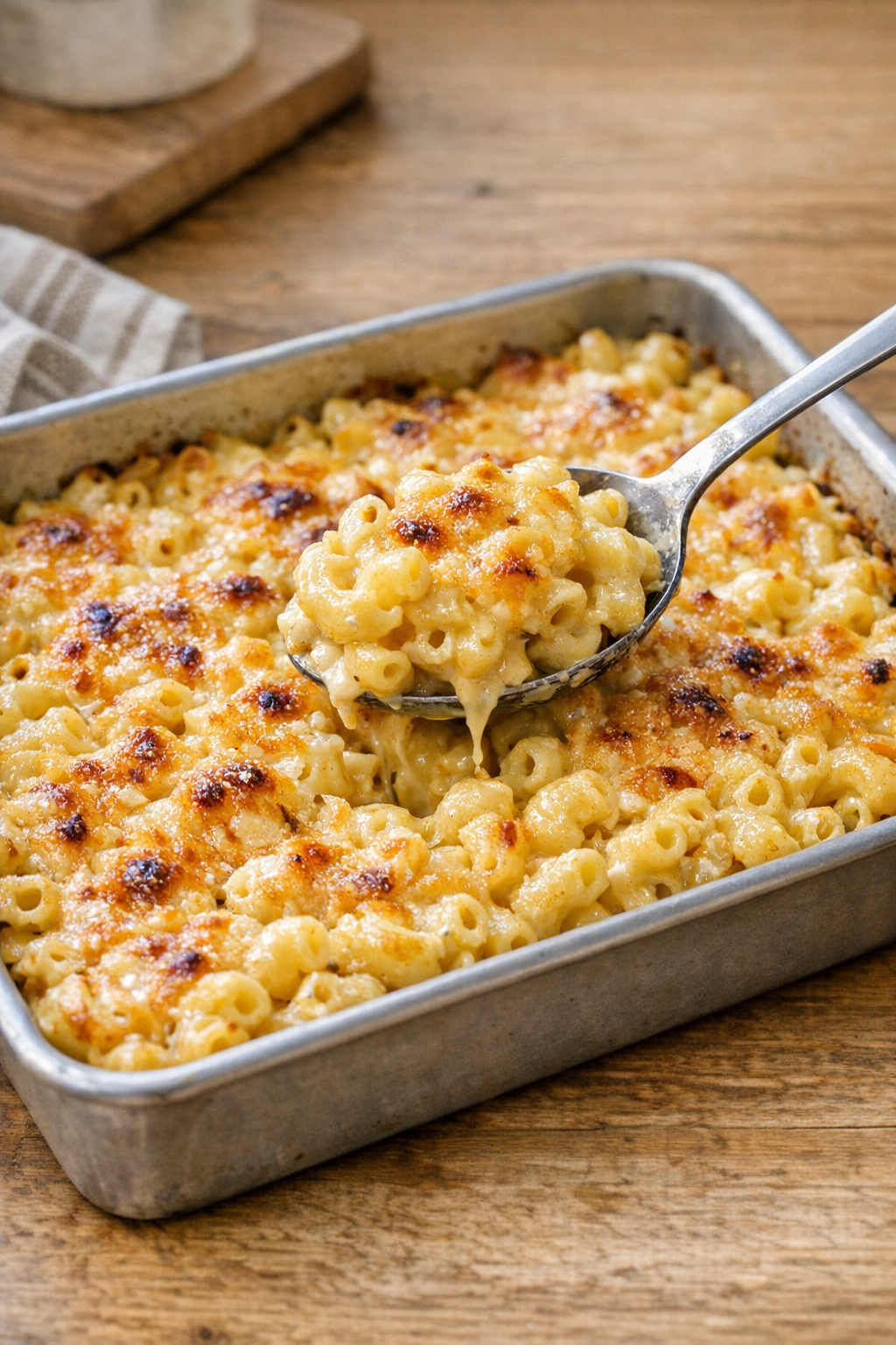 Finished honey mustard baked macaroni in a rustic baking dish
