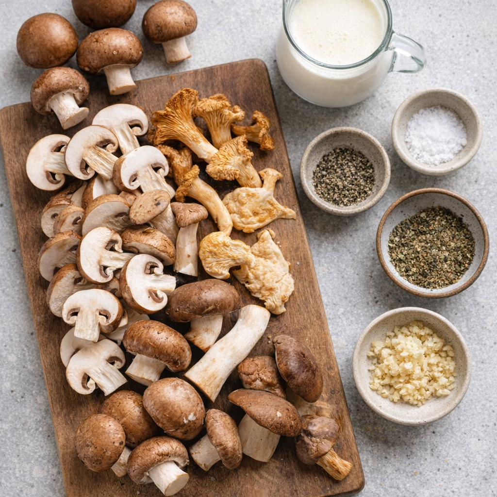 Extra mushrooms and ingredients arranged for recipe variations