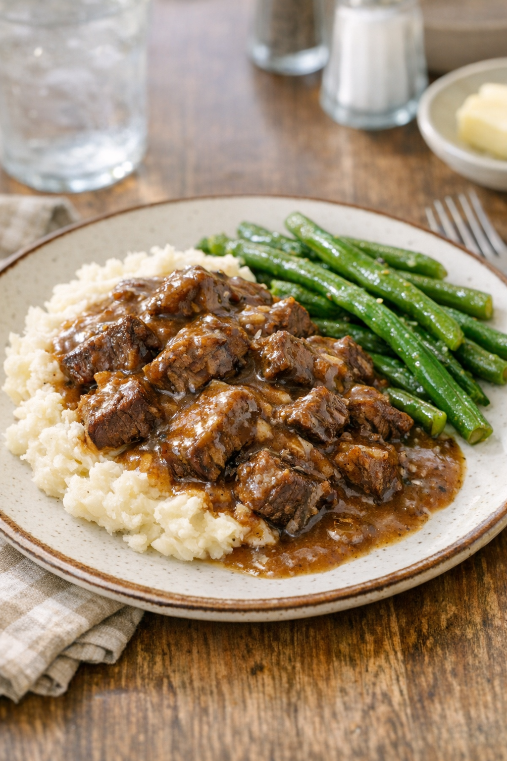 Plated baked beef with mashed potatoes and green beans
