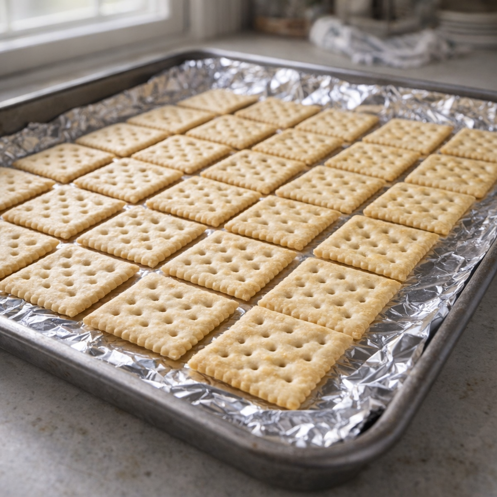 Saltine crackers arranged on a foil-lined baking sheet