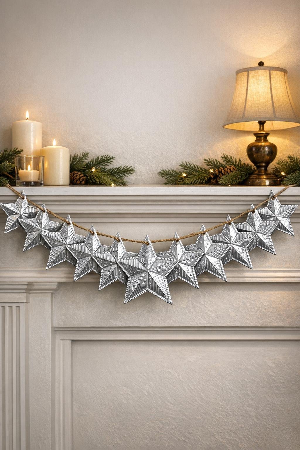 Finished embossed tin star garland displayed across a mantel