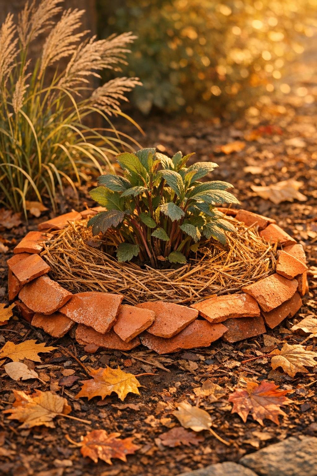 Finished terracotta shard root insulator around a perennial in a fall garden bed