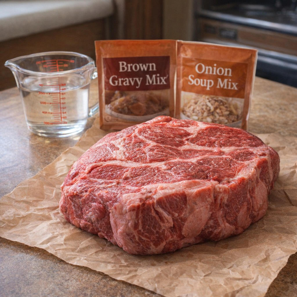 Budget pot roast ingredients on a worn kitchen counter