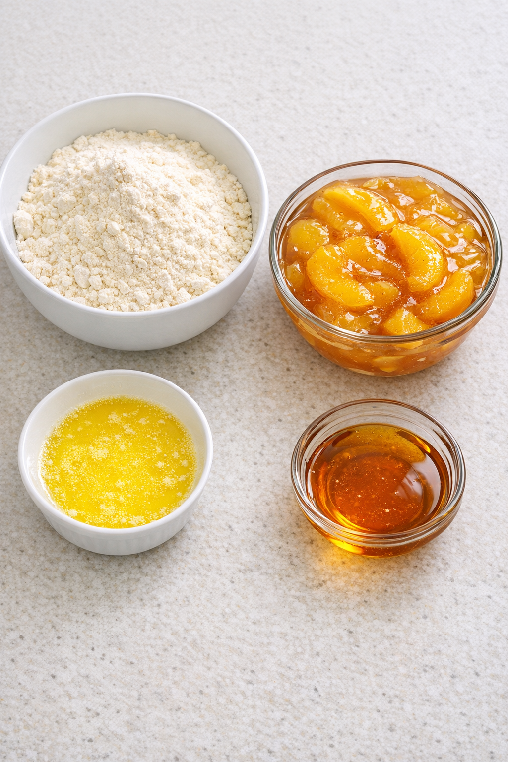 Measured cake mix, peach pie filling, melted butter, and honey