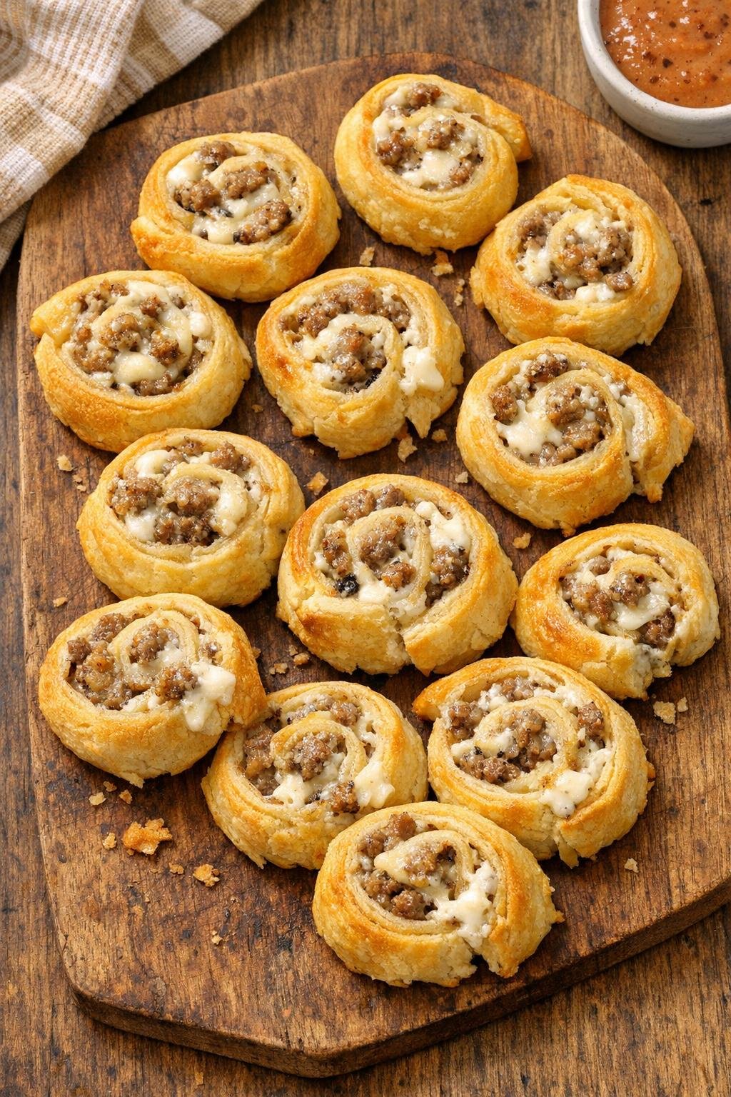 Warm sausage and cream cheese crescent pinwheels on a rustic wooden board