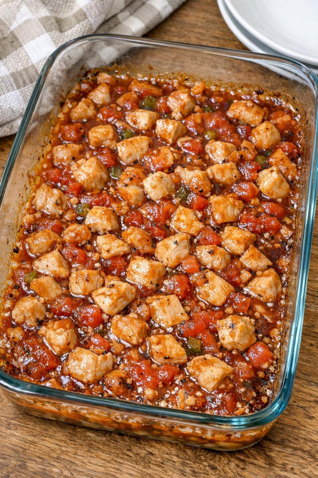 Finished baked chicken in a glass casserole dish