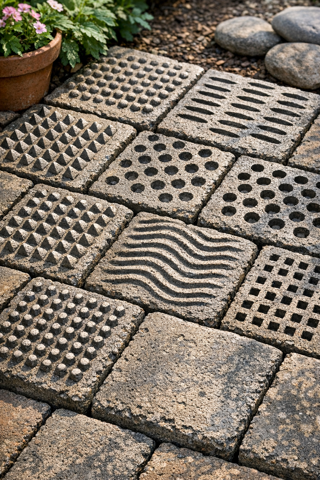 Finished heavy textured patio bricks made with cheese grater impressions