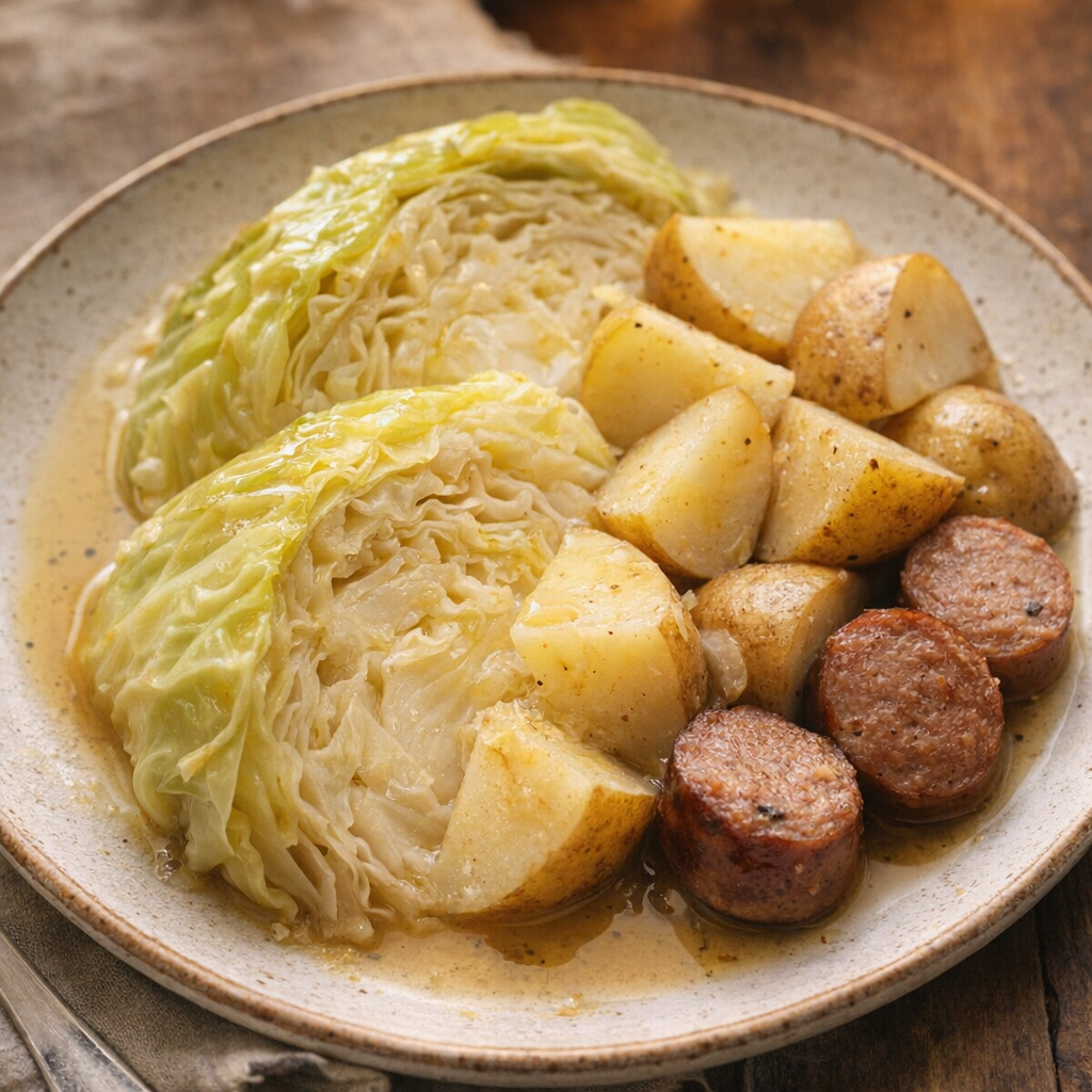 Plated cabbage and potatoes with sausage on the side