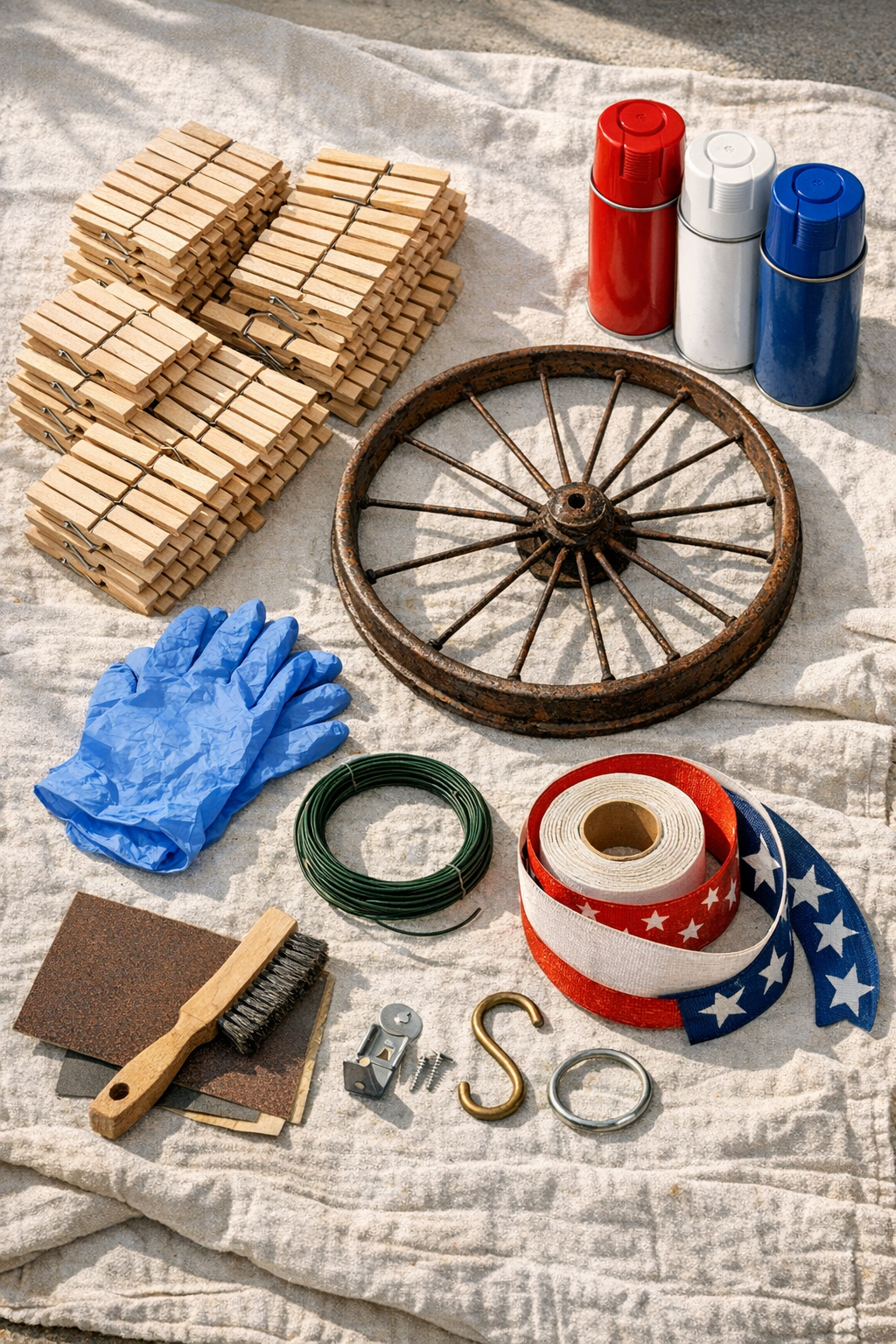 Materials for a patriotic clothespin bicycle wheel wreath