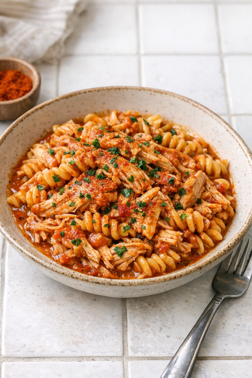 Finished paprika turkey pasta plated in a rustic bowl