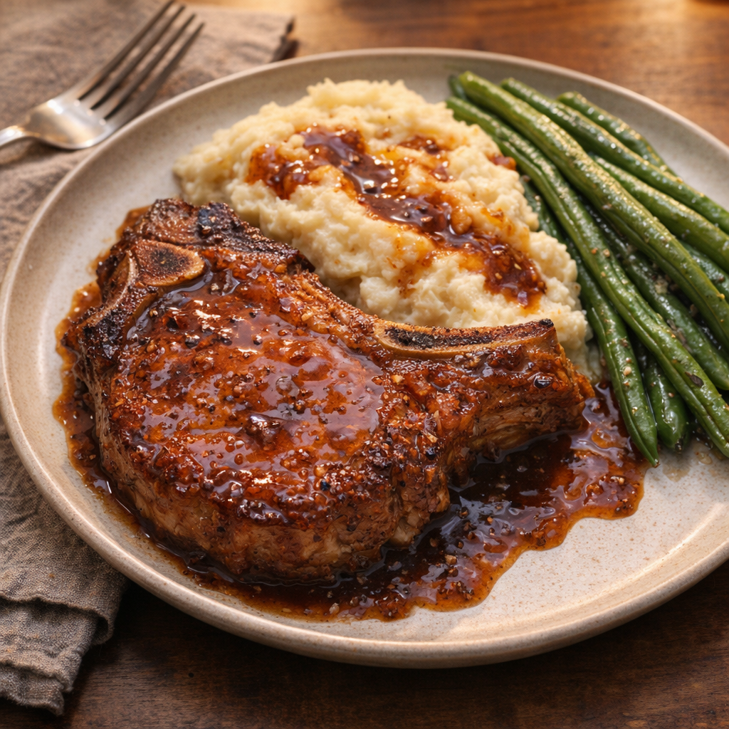Plated pork chop dinner with mashed potatoes and green beans